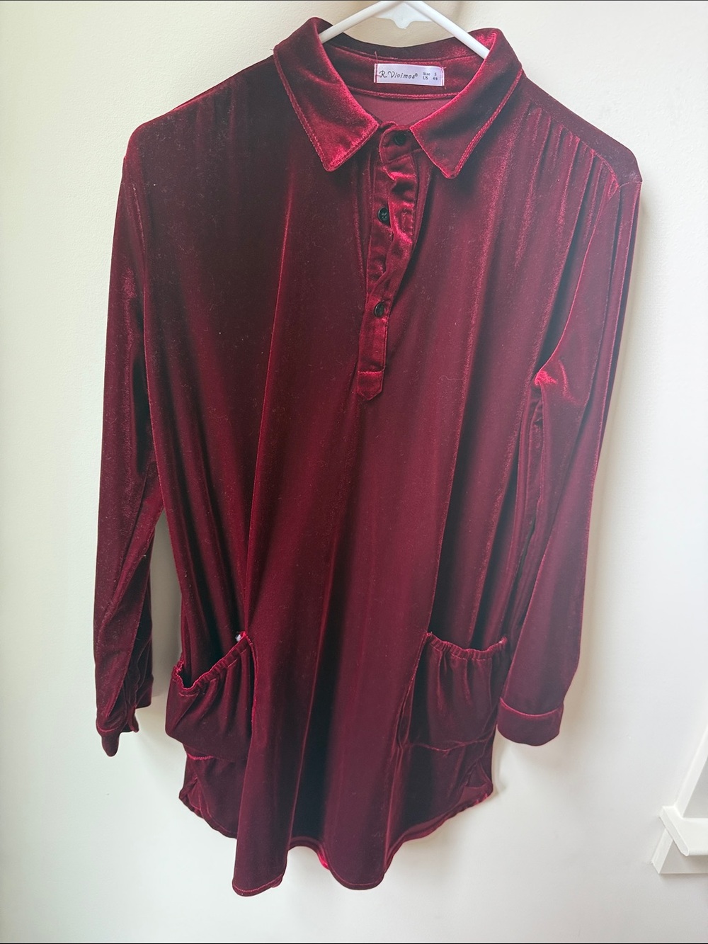 Velvet Button-Front Long Sleeve Top in Deep Wine -